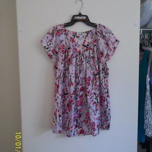 dressbarn Size 18/20 Pleated Scoop Neck, Geometric Flowers, White/Pink/Green